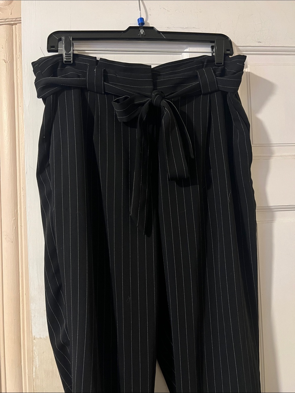 Express Black Pinstripe Paperbag Waist Trousers with Self-Tie